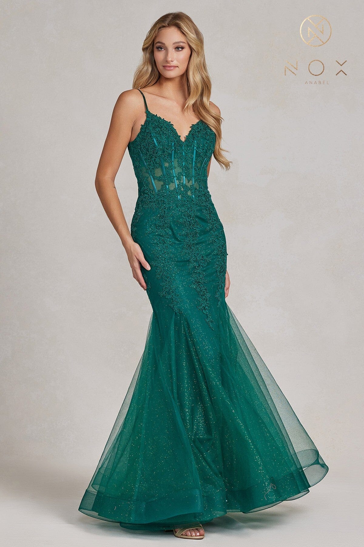 Applique V-Neck Mermaid Gown by Nox Anabel P1170