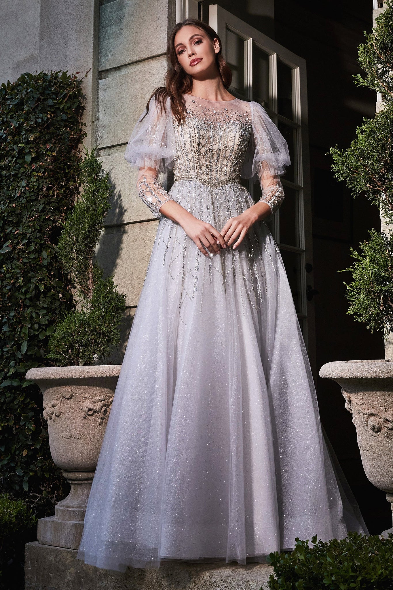 Beaded 3/4 Sleeve Tulle Gown by Cinderella Divine B707