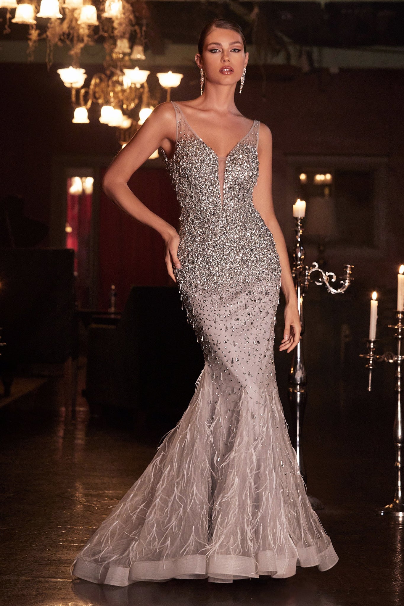 Beaded Feather Mermaid Gown by Cinderella Divine B718