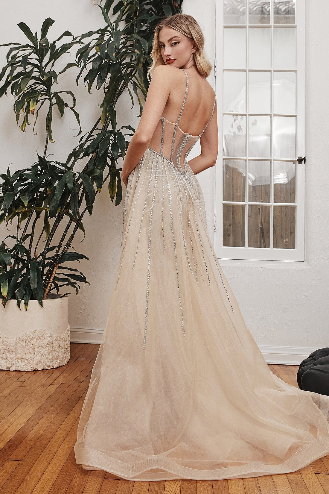 Beaded Sleeveless Overskirt Gown by Ladivine CD993