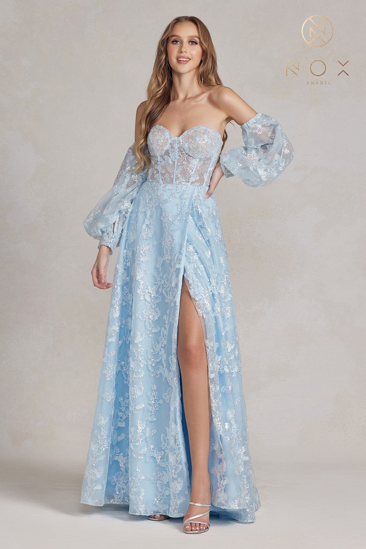 Butterfly Applique Puff Sleeve Gown by Nox Anabel K1155