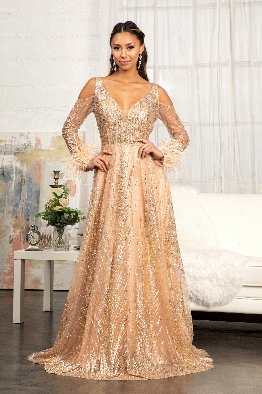 Cold Shoulder Glitter Gown by Elizabeth K GL3041