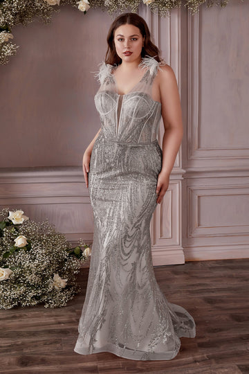 Curve Feather Glitter Gown by Cinderella Divine CB087C