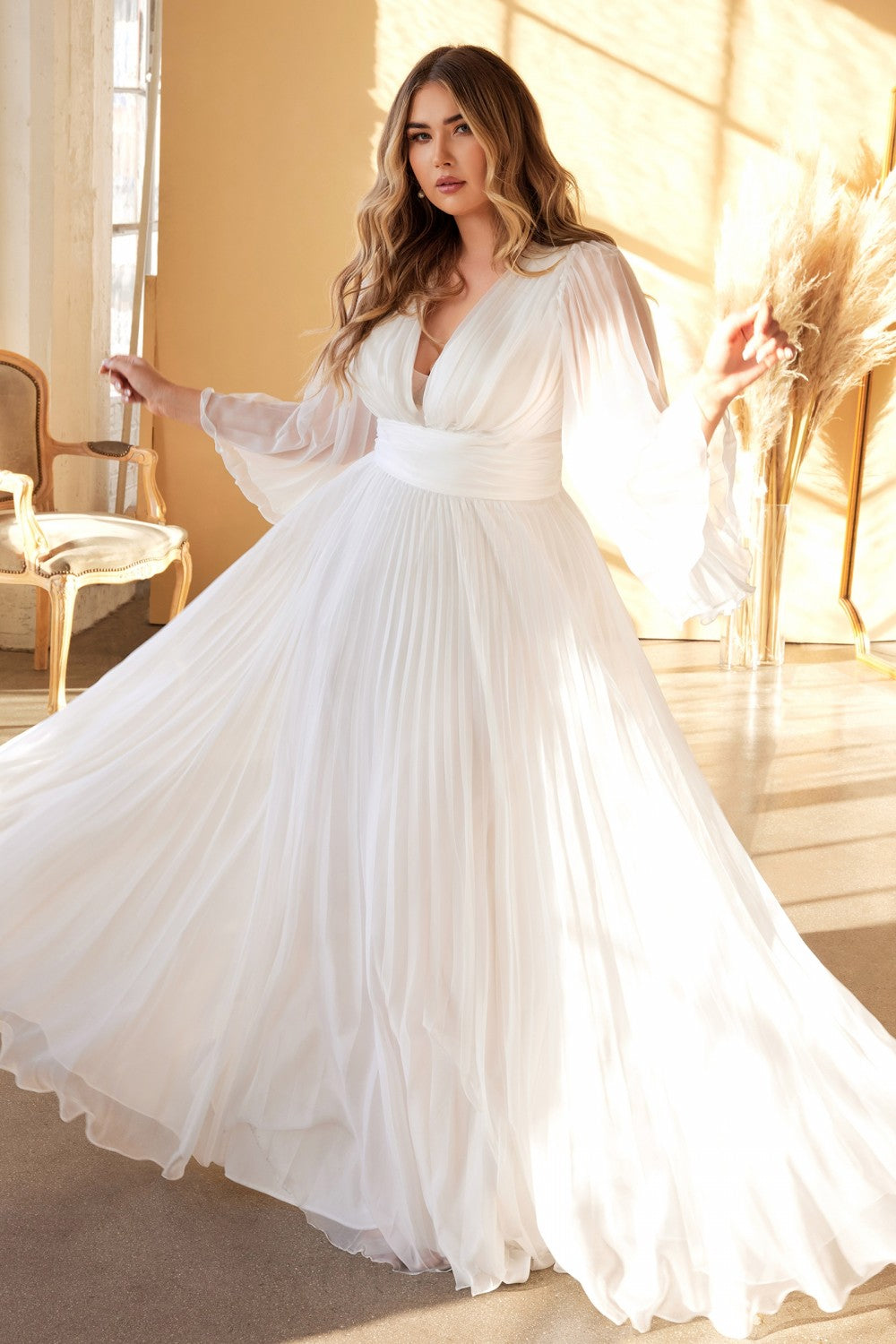 Curve White Pleated Bell Sleeve Gown by Cinderella Divine CD242WC