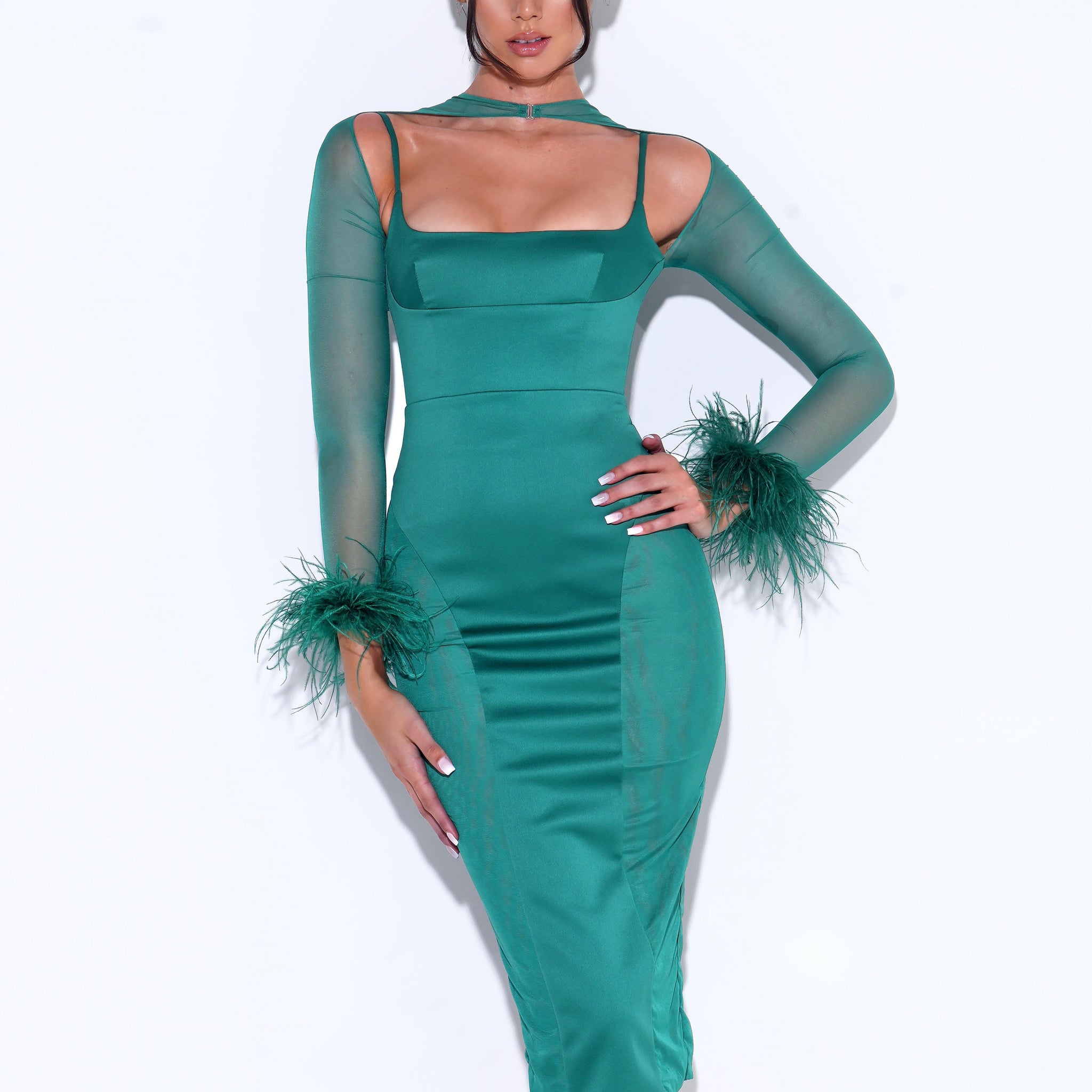 Oaklie Emerald Green Satin Mesh Sleeve Dress With Feathers