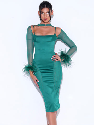 Oaklie Emerald Green Satin Mesh Sleeve Dress With Feathers