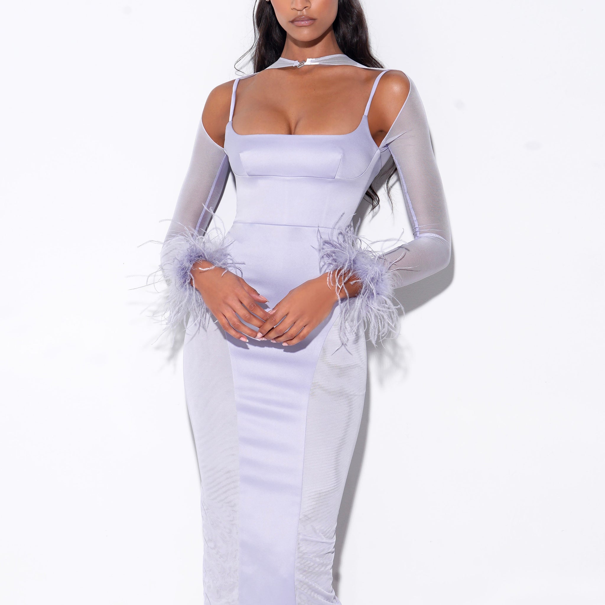 Oaklie Silver Satin Mesh Sleeve Dress With Feathers