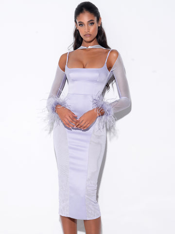 Oaklie Silver Satin Mesh Sleeve Dress With Feathers