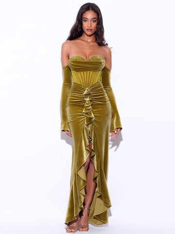 Taylee Olive Green Long Sleeve Off Shoulder Corset Velvet Gown