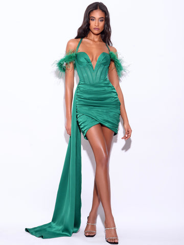 Wilma Emerald Green Satin Corset Draping Dress With Feather Strap