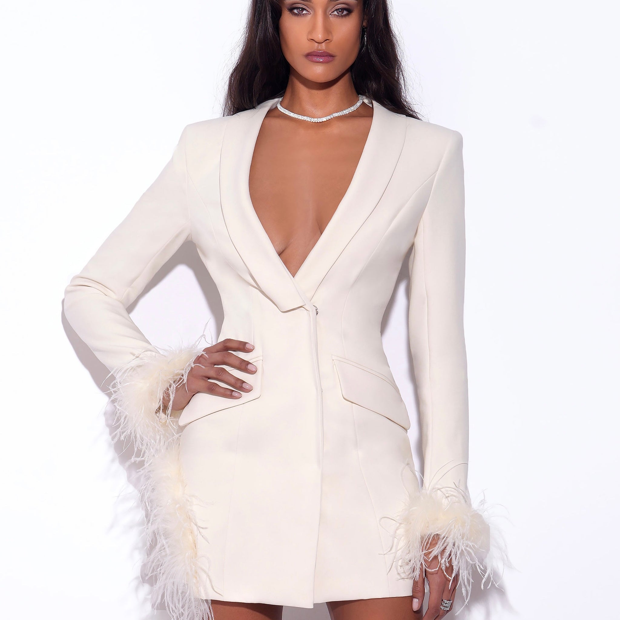 Madeline Pearl White Feather Trim Blazer Dress