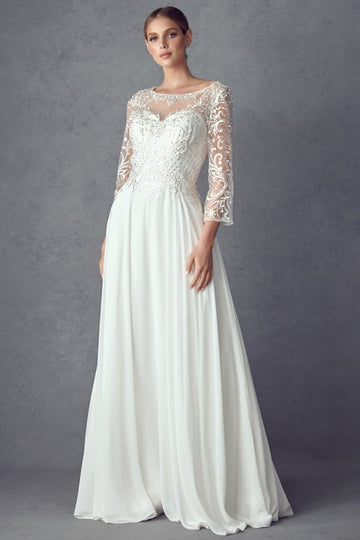 Embroidered 3/4 Sleeve White Gown by Juliet M11-W