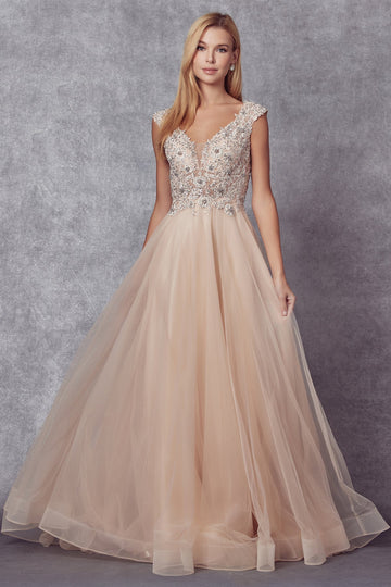 Embroidered Cap Sleeve Tulle Gown by Juliet 684