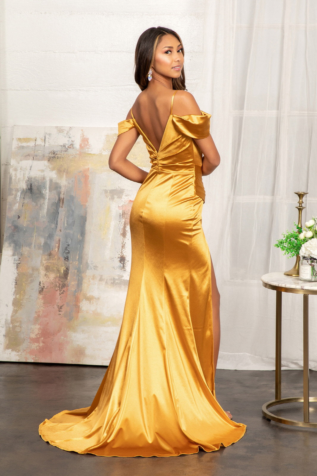 Fitted Cold Shoulder Satin Gown by Elizabeth K GL3060