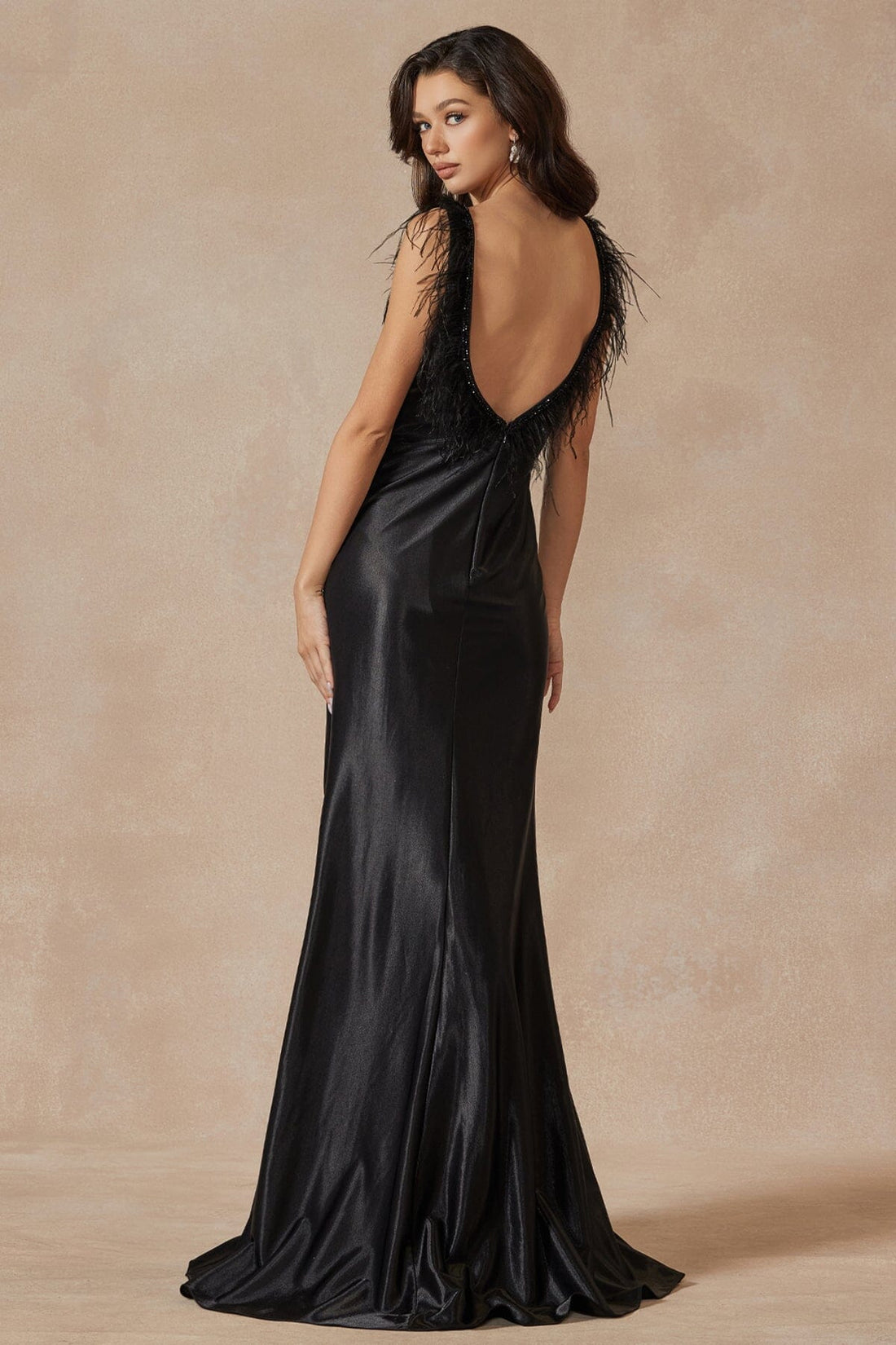 Fitted Deep V-Neck Feather Slit Gown by Juliet 293