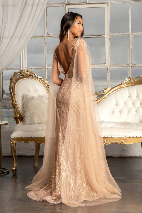 Fitted Glitter Cape Sleeve Gown by Elizabeth K GL3047