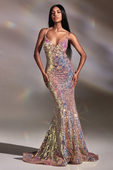 Fitted Long Iridescent Sequin Dress by Ladivine CD880