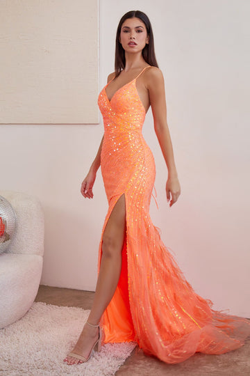 Fitted Sequin Feather Slit Gown by Ladivine CD0209