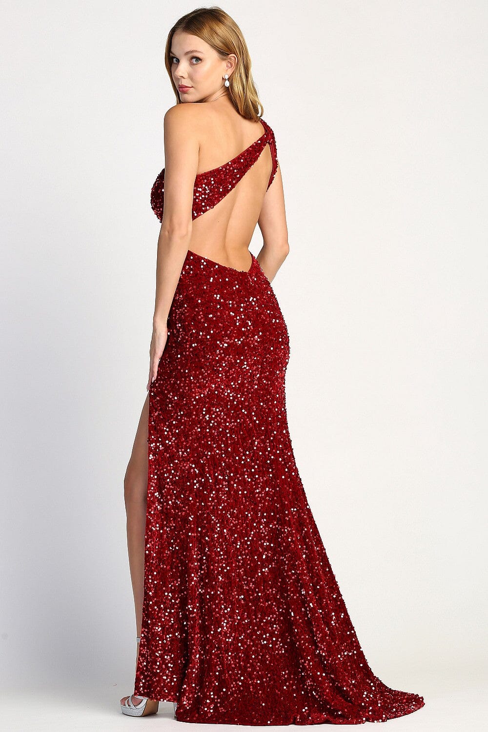 Fitted Sequin One Shoulder Slit Gown by Adora 3067