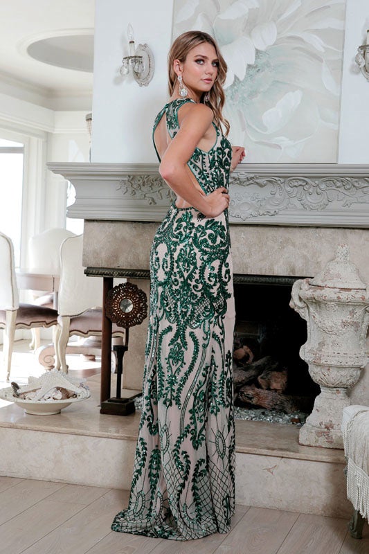 Fitted Sequin Print V-Neck Gown by Juliet 243