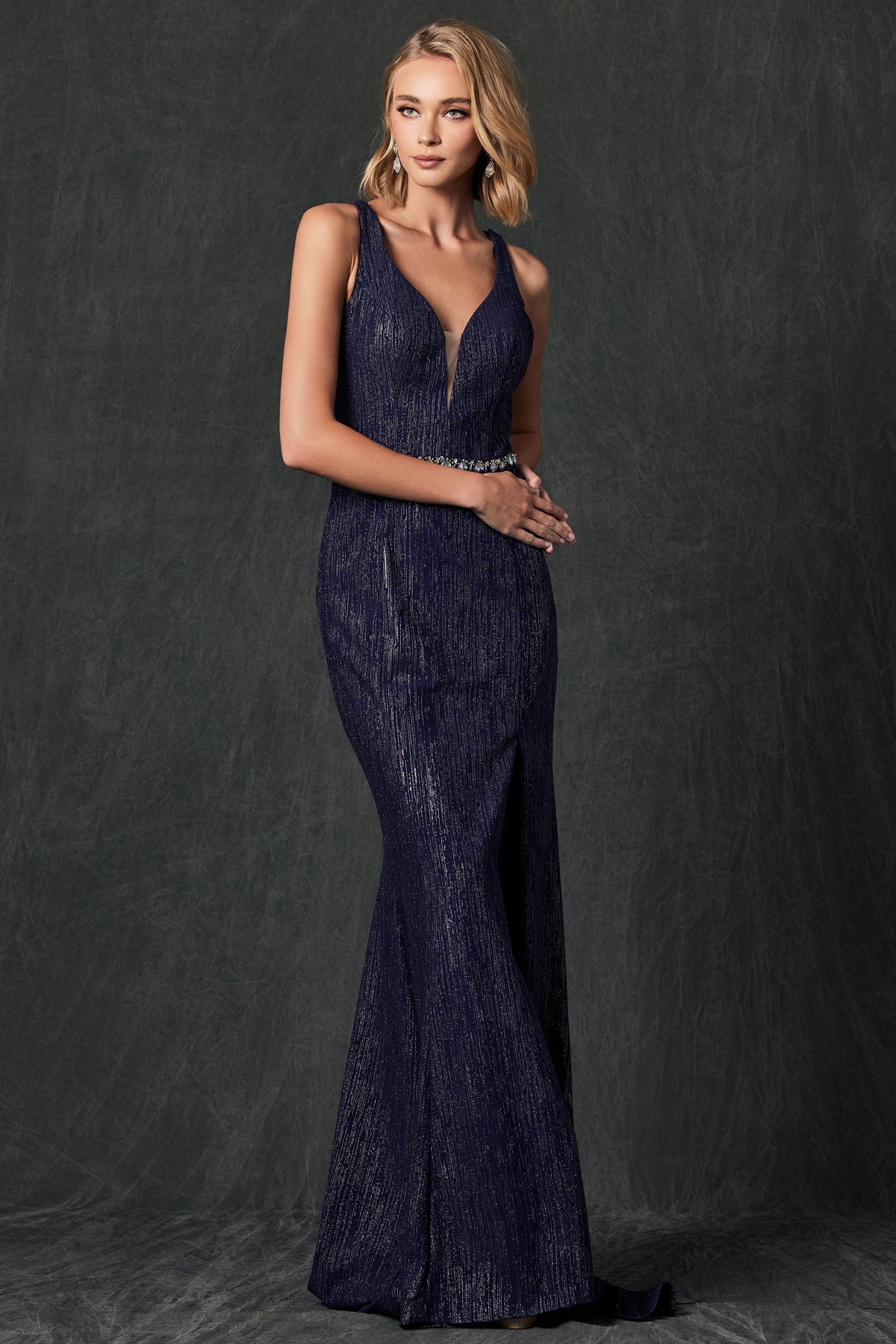 Fitted Strappy Back Glitter Gown by Juliet 237