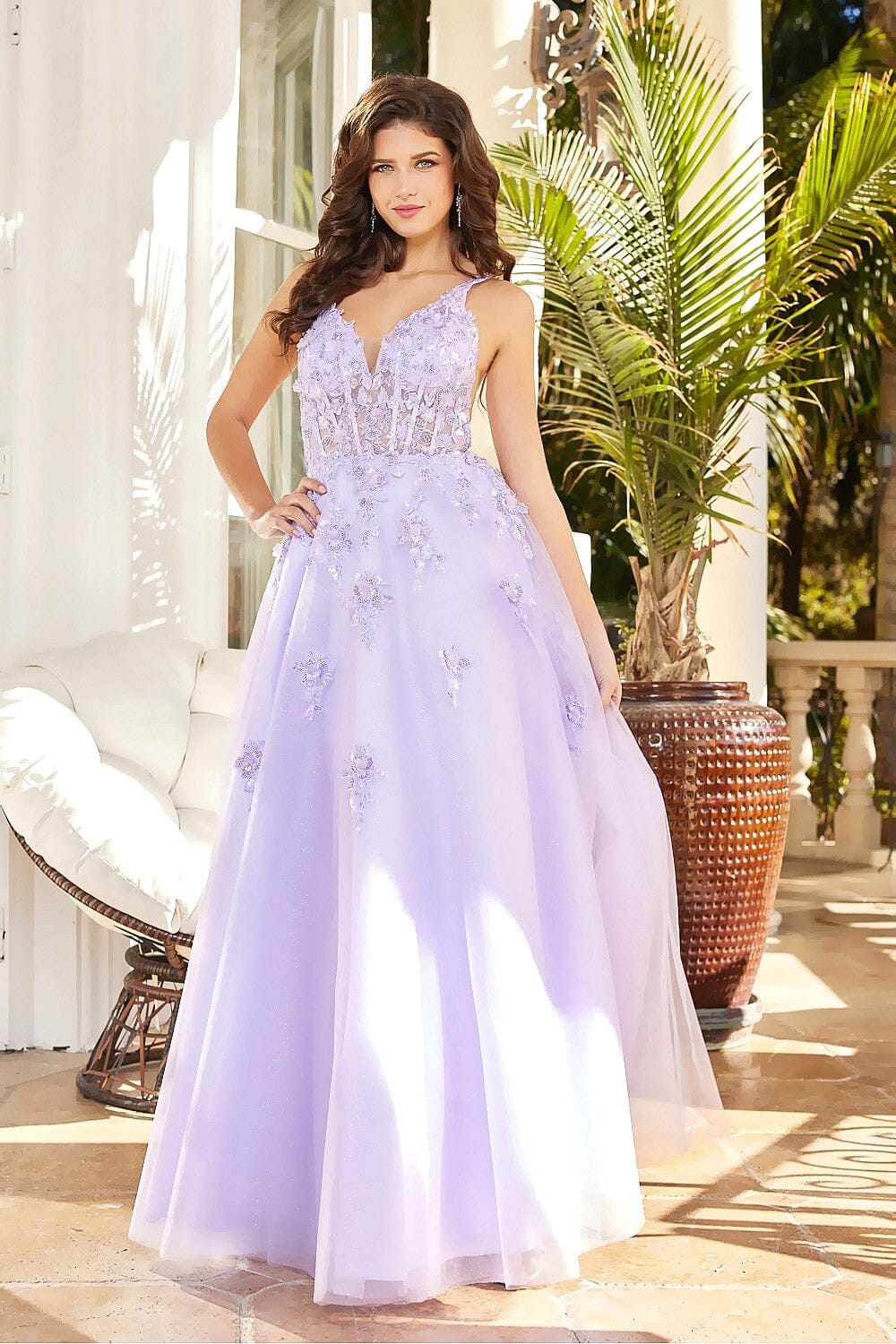 Floral Applique Sleeveless Tulle Gown by Adora 3090