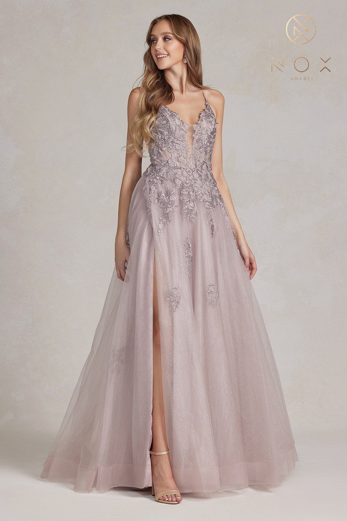 Floral Applique Tulle A-line Gown by Nox Anabel G1149