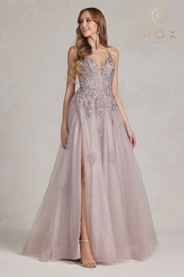 Floral Applique Tulle A-line Gown by Nox Anabel G1149