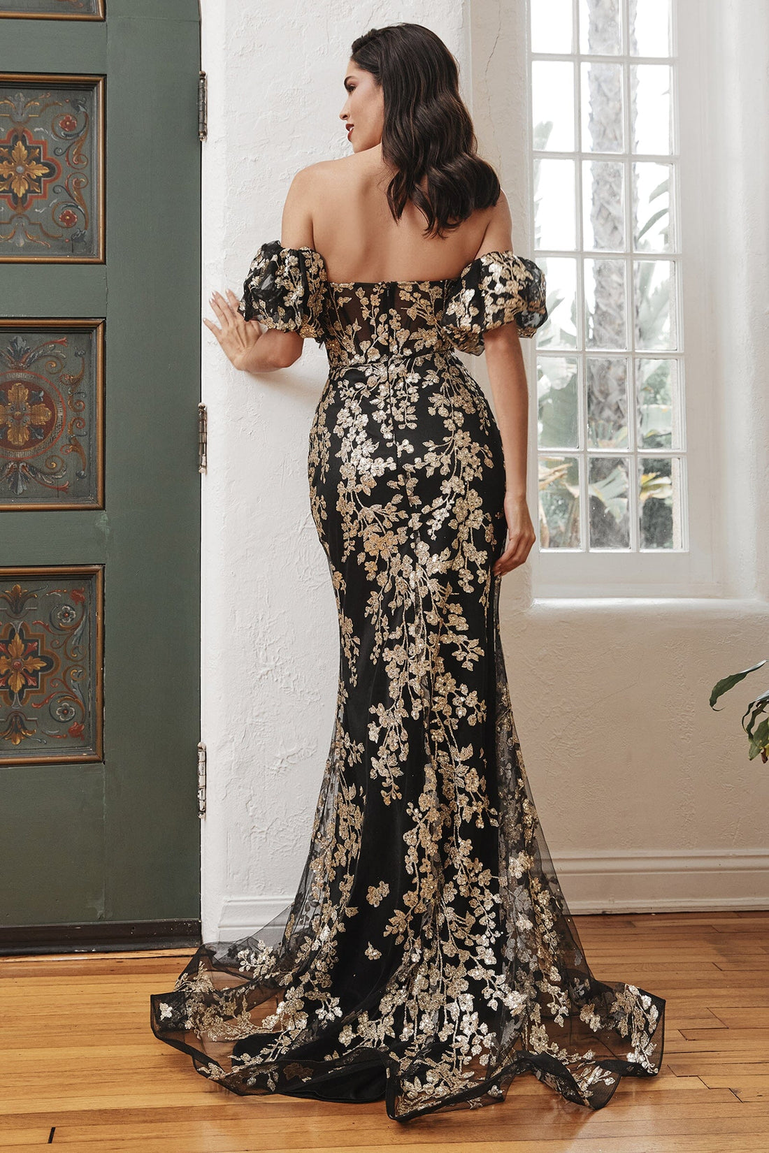 Floral Glitter Fitted Puff Sleeve Gown by Ladivine J844