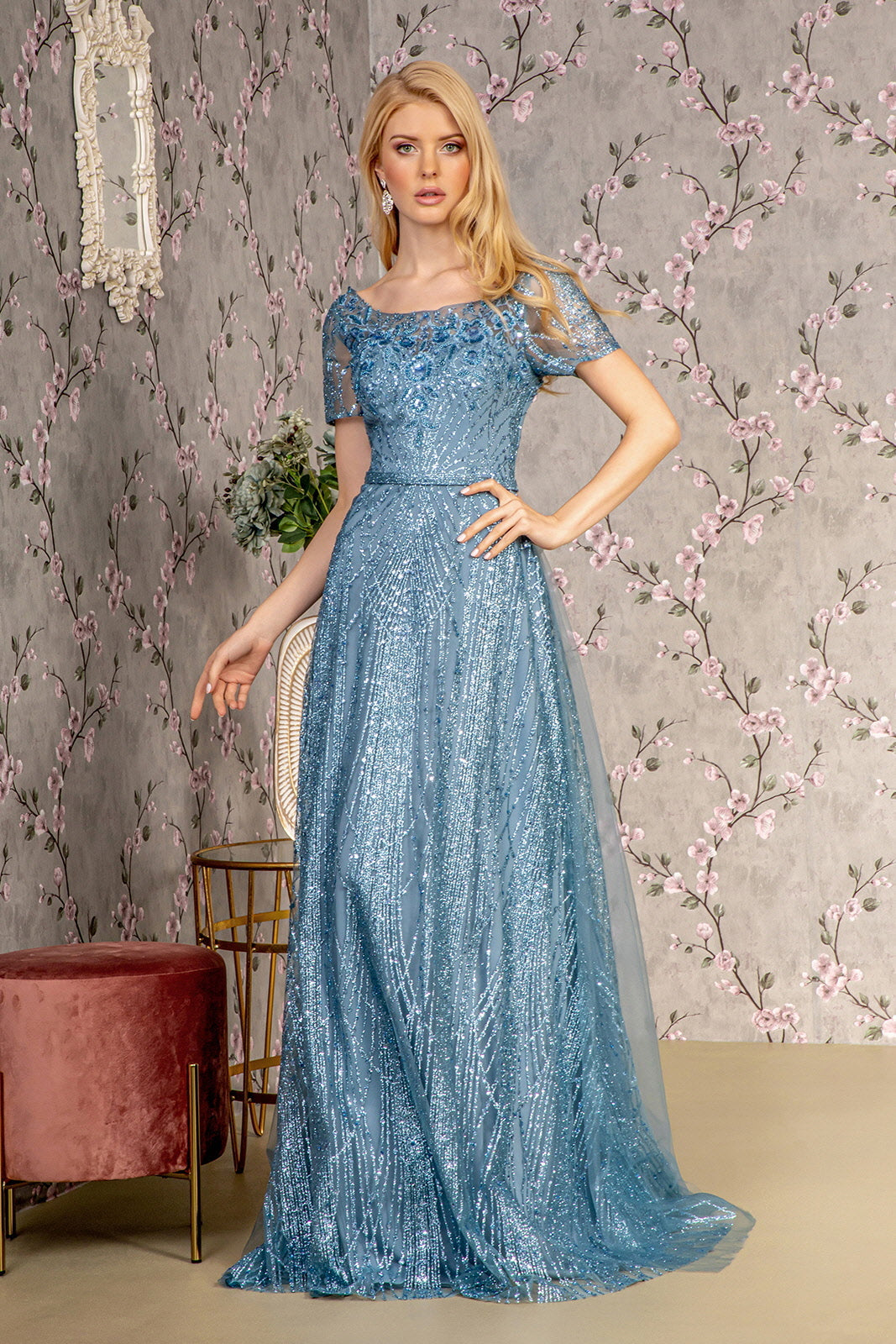 Glitter Print Short Sleeve A-line Gown by GLS Gloria GL3493