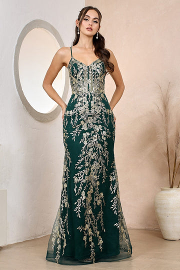 Glitter Applique Fitted V-Neck Gown by Adora 3158