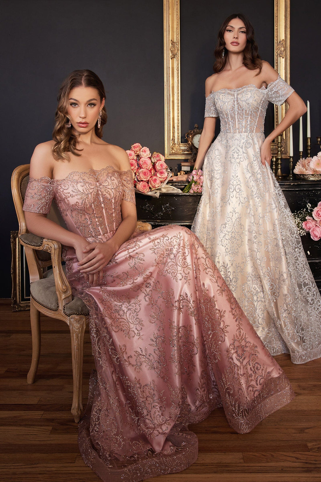 Glitter Print Off Shoulder Gown by Ladivine J835