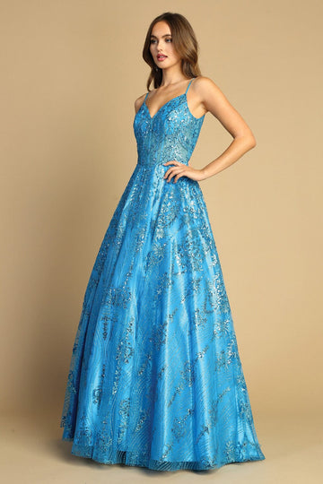 Glitter Print Sleeveless V-Neck Gown by Adora 3141