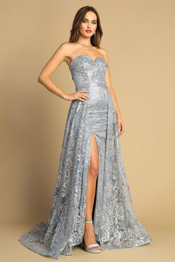 Glitter Print Strapless Overskirt Gown by Adora 3107G