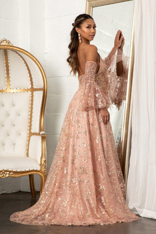 Glitter Print V-Neck Gown by Elizabeth K GL3002