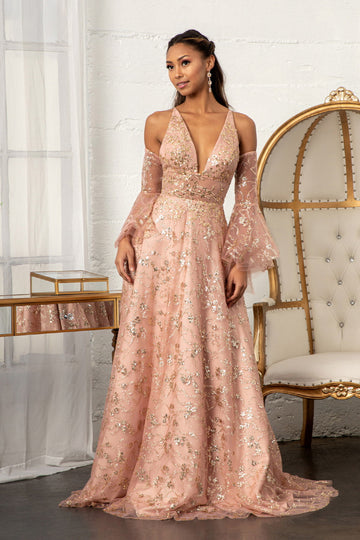 Glitter Print V-Neck Gown by Elizabeth K GL3002