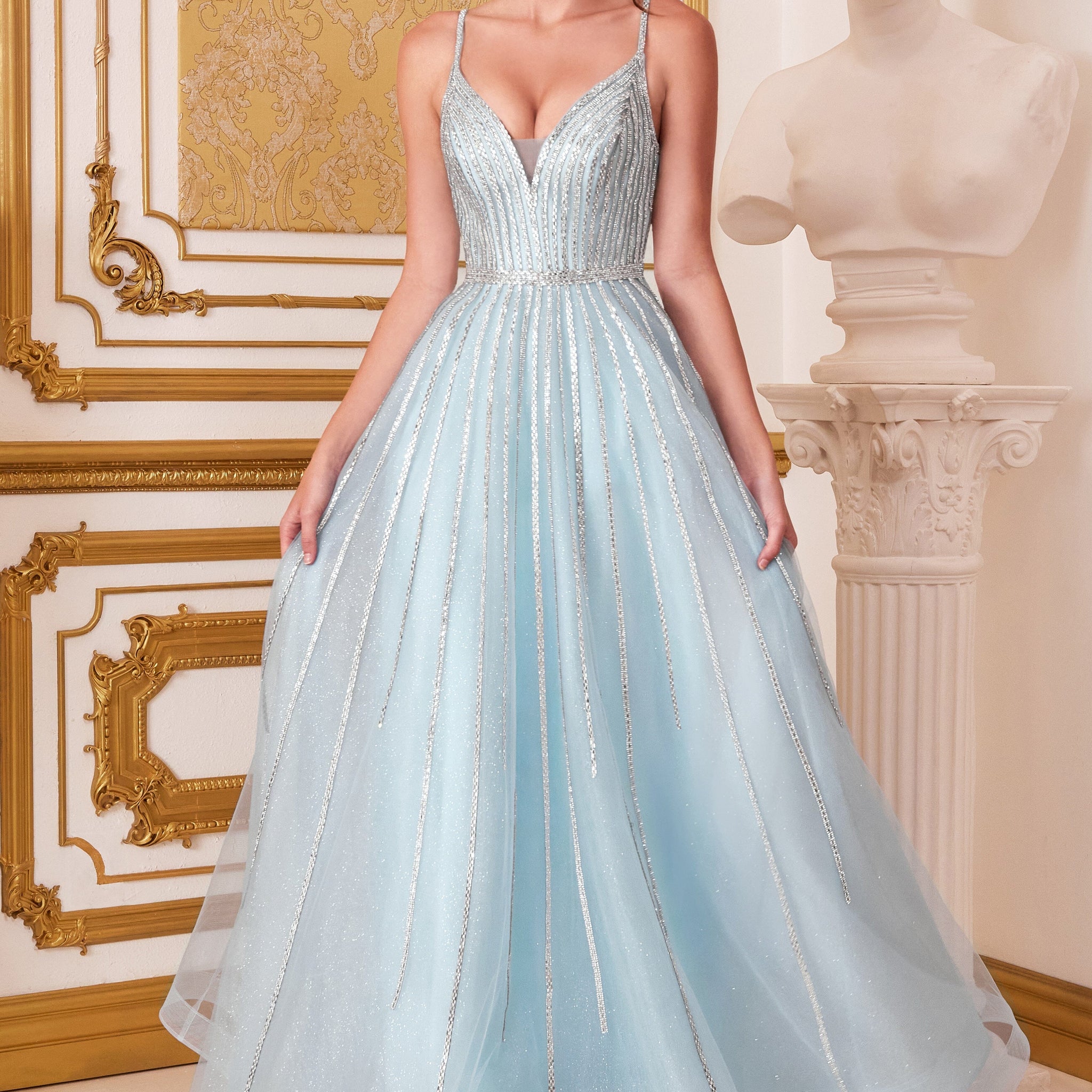 Long Beaded Tulle Dress by Cinderella Divine CD940