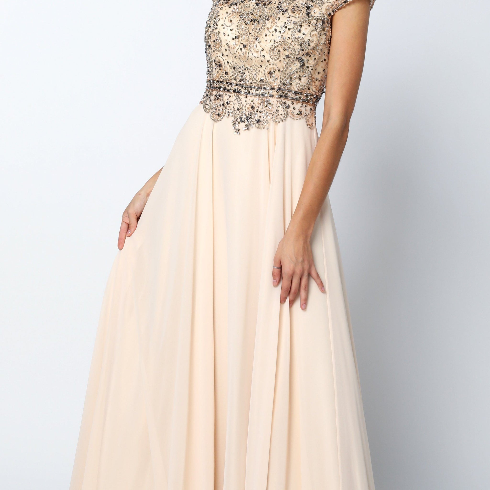 Long Cap Sleeve Chiffon Dress with Beaded Bodice by Juliet 657