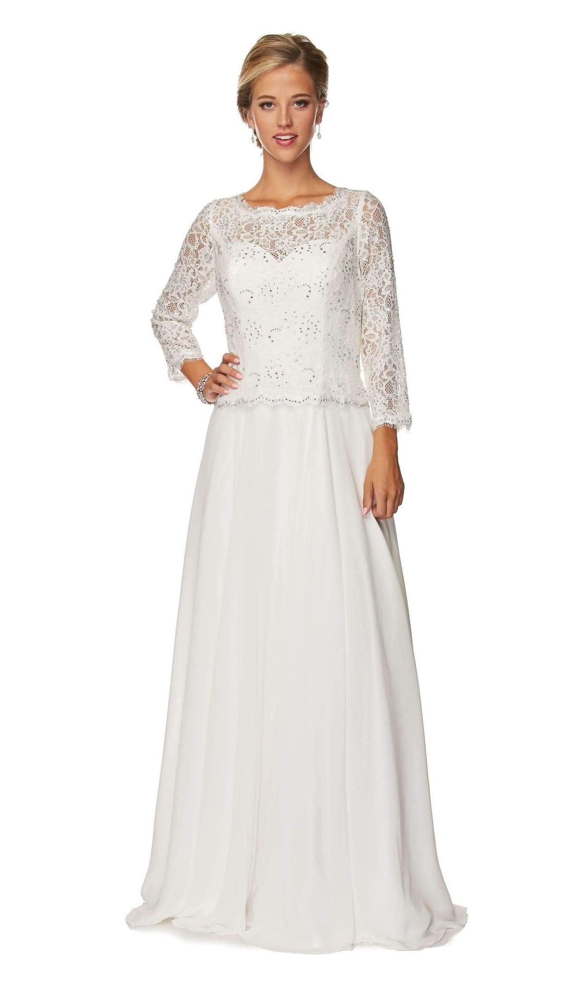 Long Lace Top Peplum Dress with Sheer Sleeves by Juliet 630