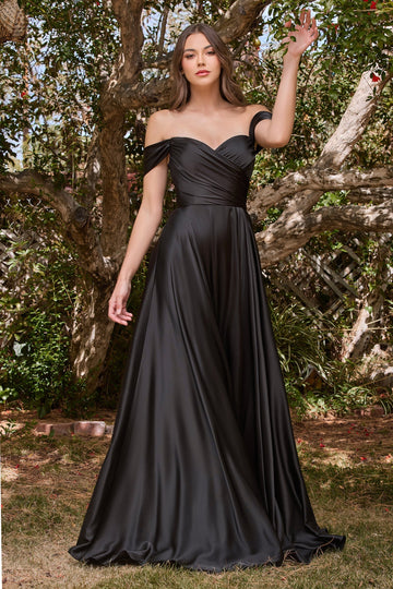 Long Off Shoulder A-line Satin Dress by Ladivine 7493