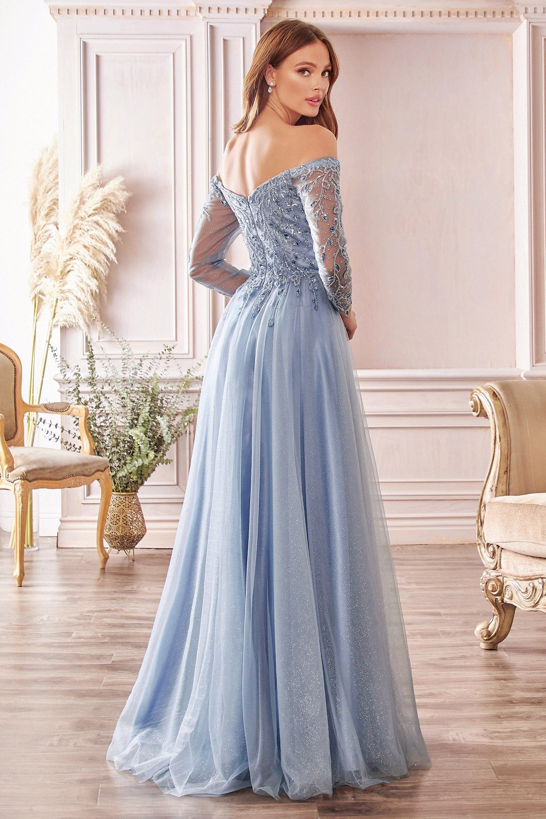 Long Off Shoulder Tulle Dress by Cinderella Divine CD0172