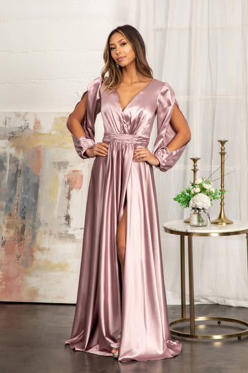 Long Sleeve Shiny Satin Gown by Elizabeth K GL1990