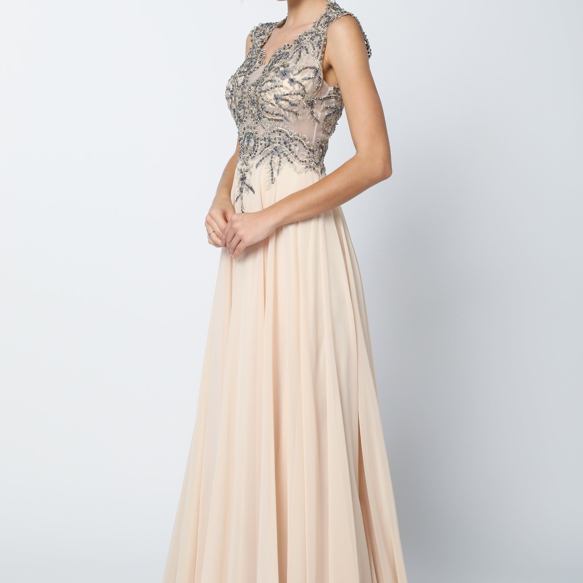 Long Sleeveless Dress with Lace Applique Bodice by Juliet 653