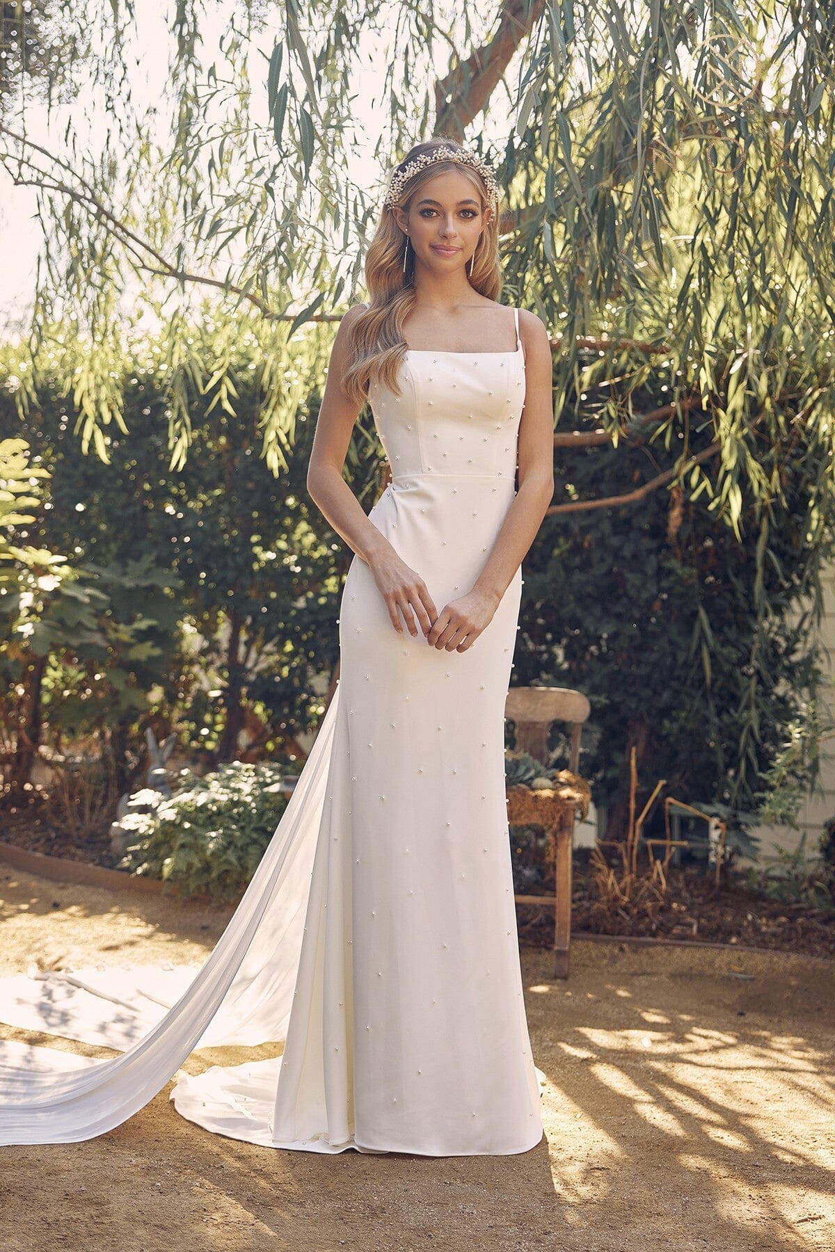 Pearl Beaded Sleeveless Bridal Gown by Nox Anabel QW963