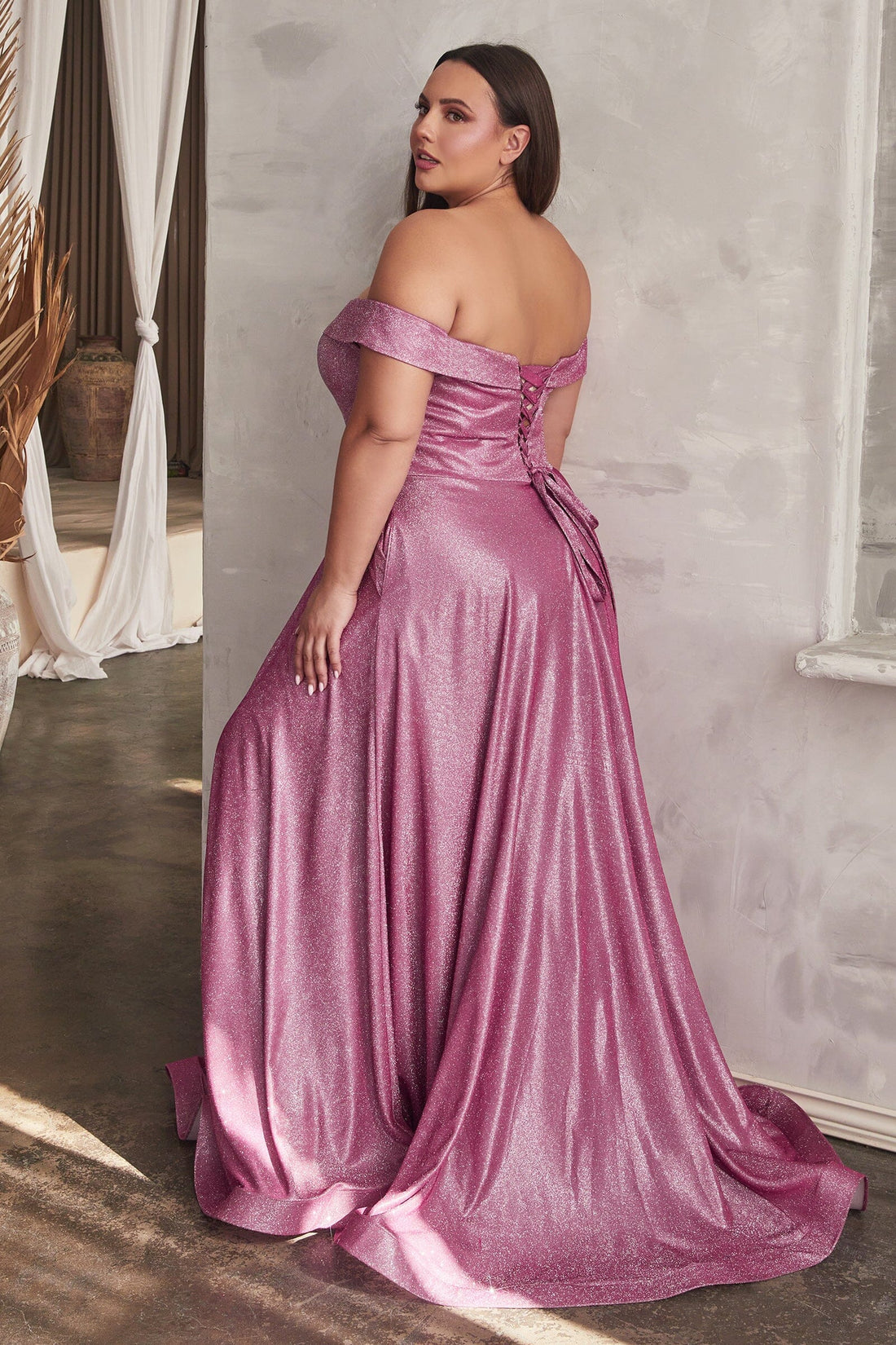 Plus Size Off Shoulder Metallic Gown by Cinderella Divine CD210C