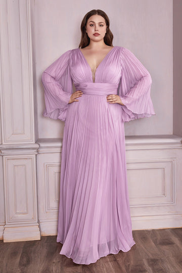 Plus Size Pleated Bell Sleeve Gown by Cinderella Divine CD242C