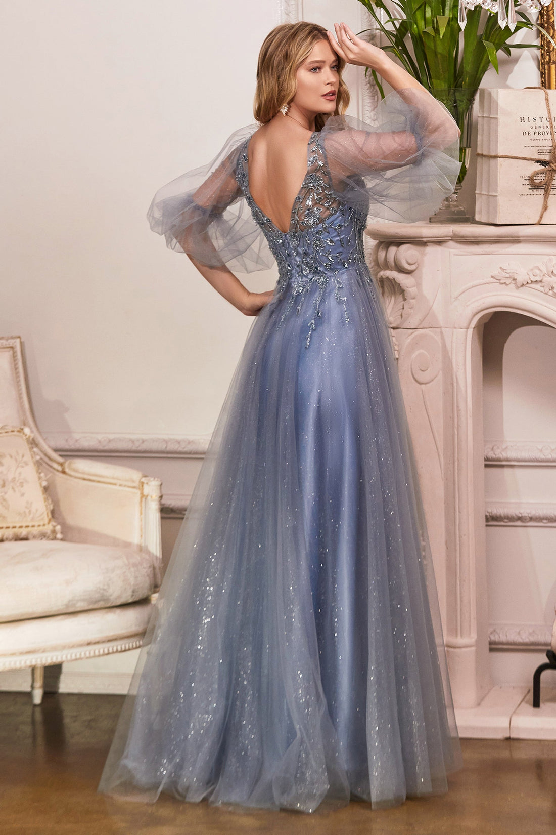 Puff Sleeve Glitter Tulle Gown by Cinderella Divine CD0182