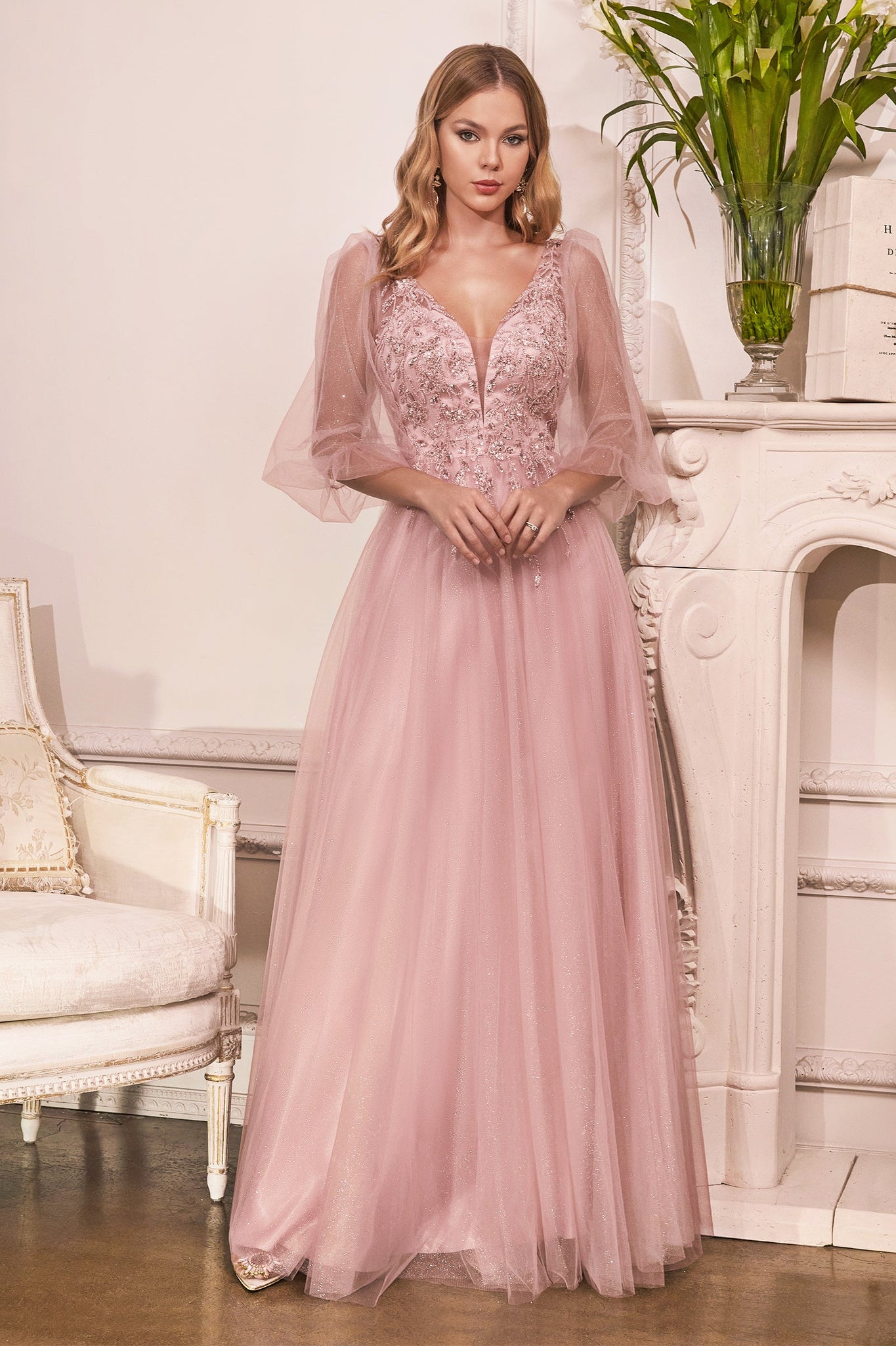 Puff Sleeve Glitter Tulle Gown by Cinderella Divine CD0182