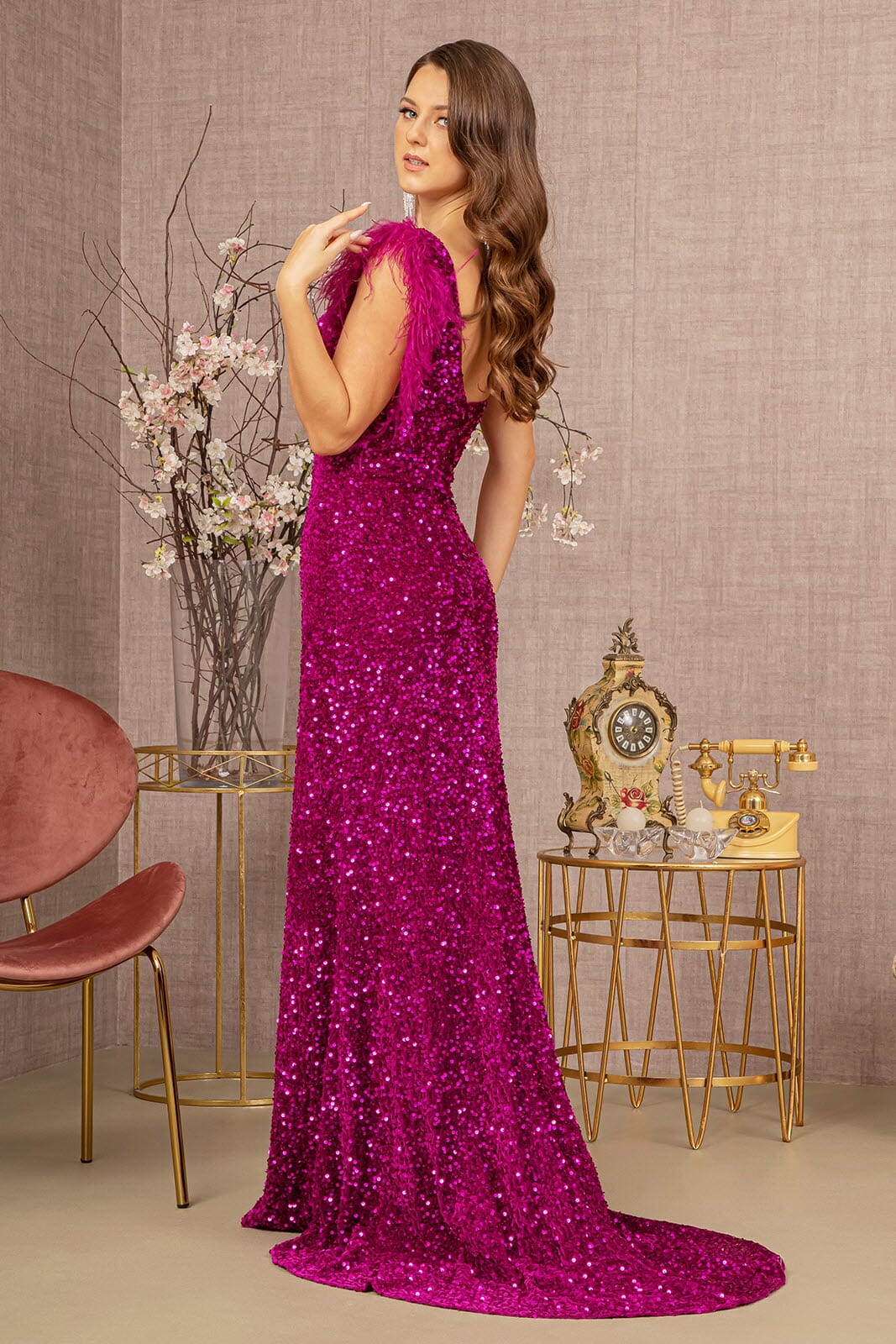 Sequin One Shoulder Feather Gown by GLS Gloria GL3154